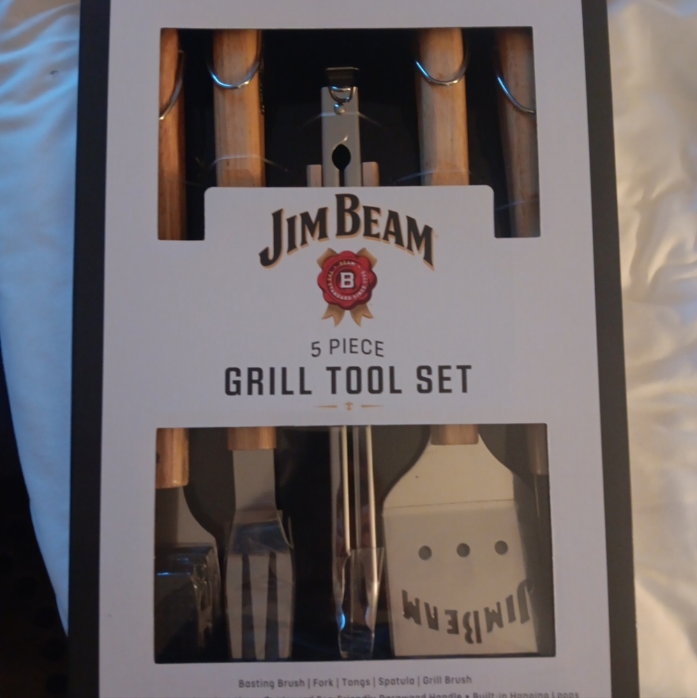 Jim Beam 5-Piece BBQ Grill Tool Set - Silver and Brown